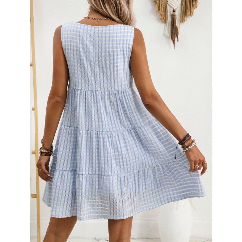 Летняя мода Женское свободное повседневное струящееся платье без рукавов в клетку