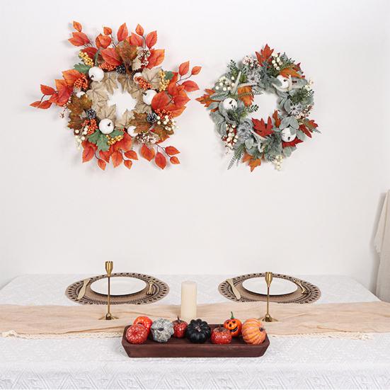 Autumn Wreath Faux White Pumpkin Maple Leaf Pine Cone Berry Wreath Handmade Farmhouse Wreath Fall Decoration for Home Thanksgiving Harvest Outdoor