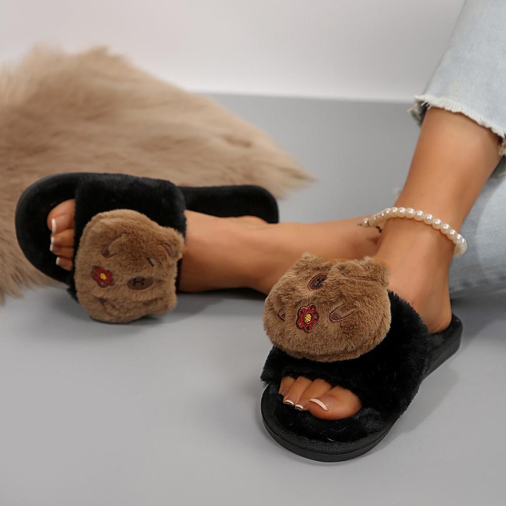 Теплые Пушистые Тапочки Женские Толстые Пушистые Меховые Тапочки Черные Белые Милые Животные Домашние Шлепанцы Домашние Слайды Плоские Комнатные Напольные Туфли