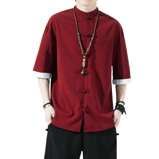 Мужская рубашка в китайском стиле, однотонный ледяной шелк, однобортный однобортный кардиган средней длины с короткими рукавами, топ, костюм Ханфу