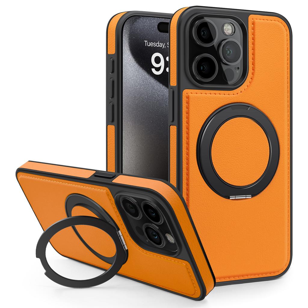 For iPhone 15 Pro Case with Ring Kickstand Compatible with MagSafe PU Leather Back Cover