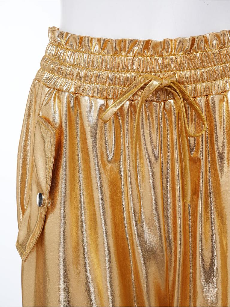 Shiny Metallic Cargo Pants for Women Elastic Waistband with Ruffle Trim Multiple Pockets Jogger Style for Hip Hop Music Stage Outfit