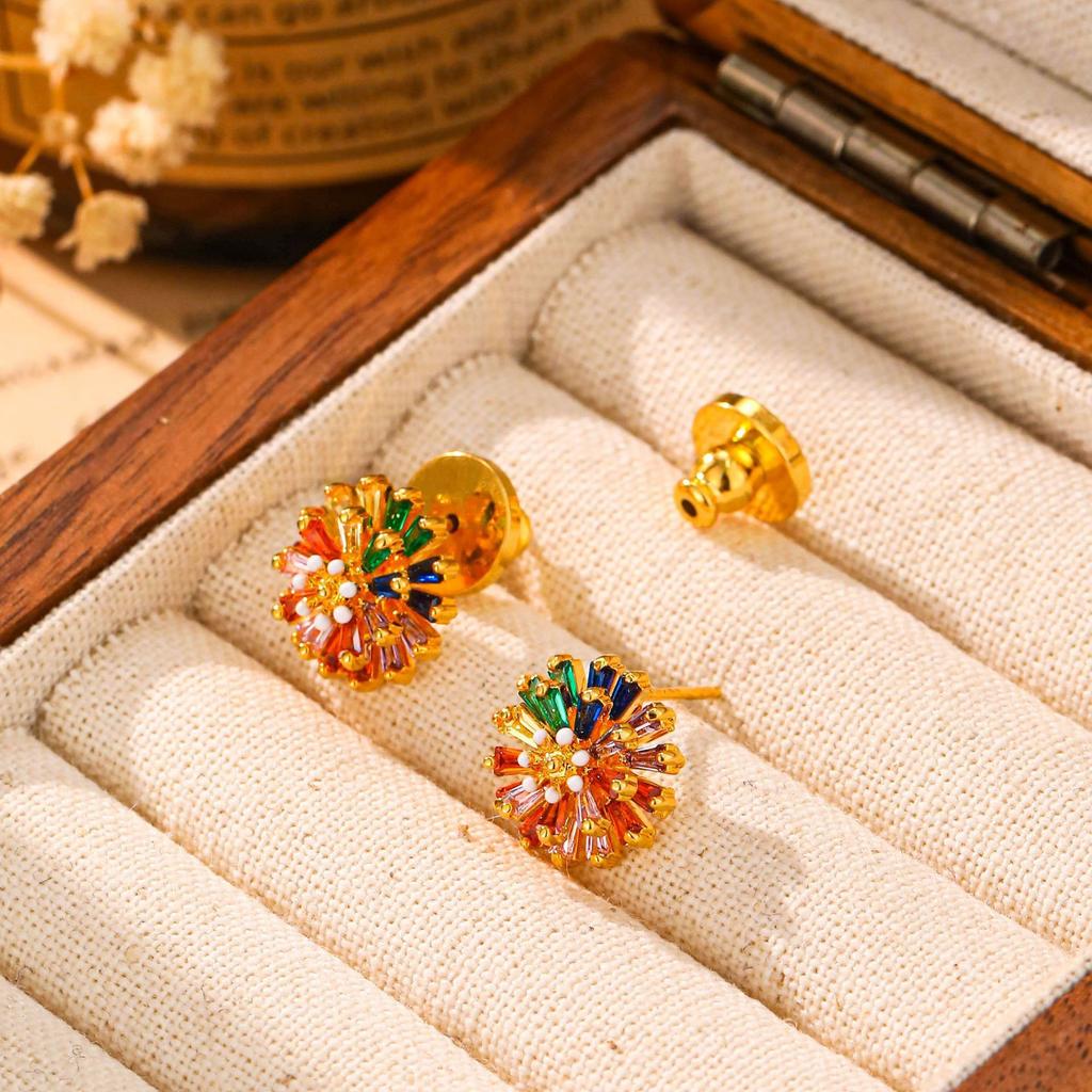 Dopamine Colorful Zircon Firework Stud Earrings Light Luxury Vintage Minimalist Jewelry for Women