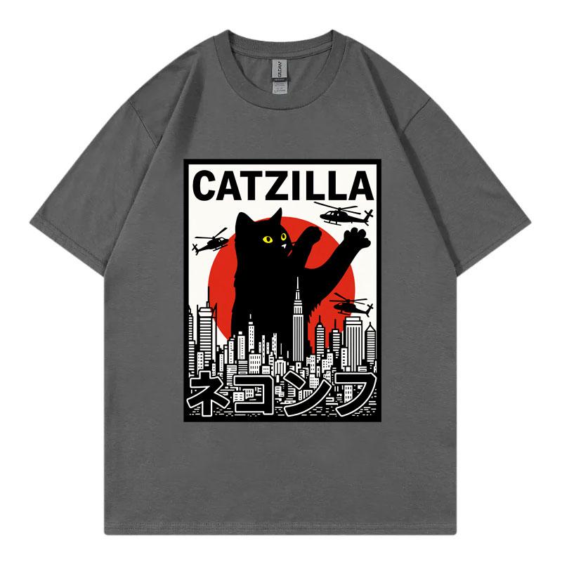 Catzilla Funny Cat Attack Graphic T Shirts Harajuku Japanese Unisexga Short Sleeve Tshirts Unisex Unisex Casual Fashion Loose Tshirt