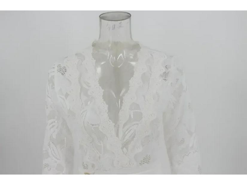 New European & American Sexy Deep V Neck White Lace Jumpsuit with Belt