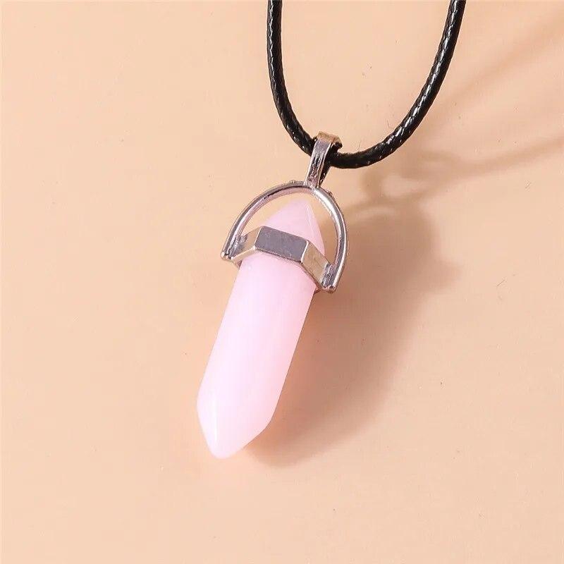Натуральный камень, кварц, лазурит, опал, аметист, розовый хрустальный камень, шестиугольная колонна, кулон, ожерелья, кожаная цепочка, ожерелье-пуля