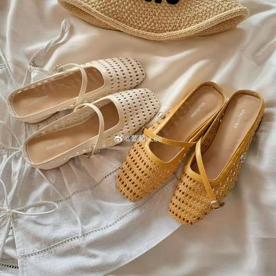Ретро плетеные сандалии с квадратным носком и толстым каблуком, полушлепанцы