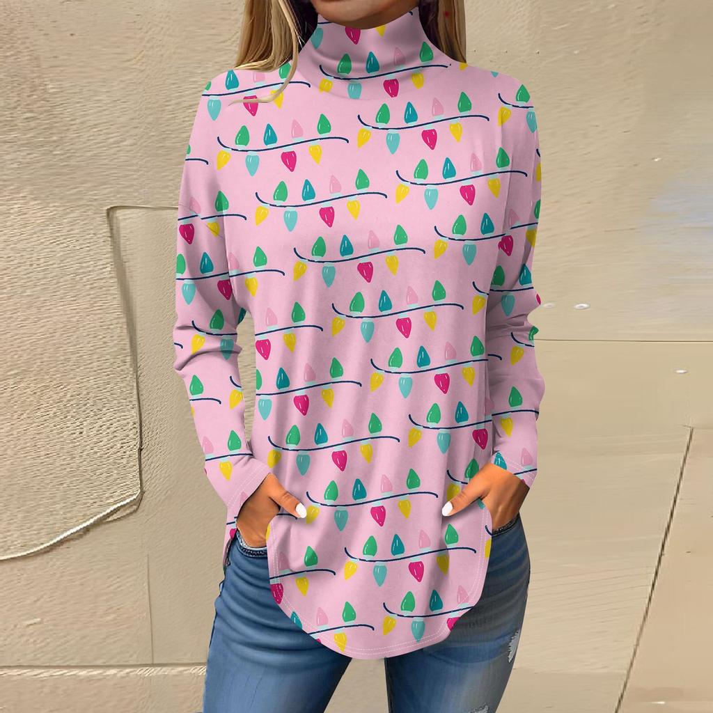 Футболки для женщин, осенние повседневные рубашки с длинными рукавами, толстовка с винтажным принтом, топ с высоким воротом, пуловер