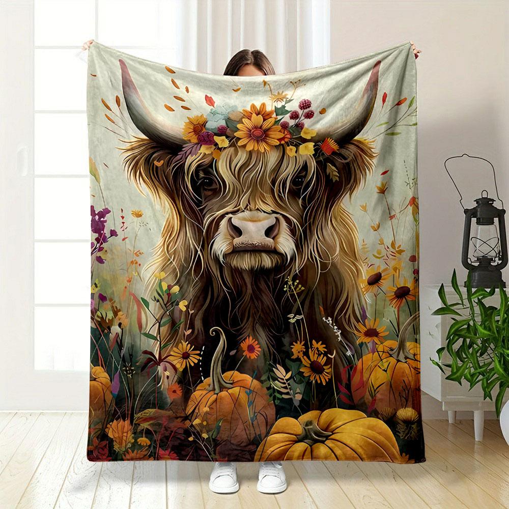 Autumn Highland Cow Floral Blanket Bedroom Blanket for Livingroom Couch Lunch Break Soft Throw for Friend's Festival Gift