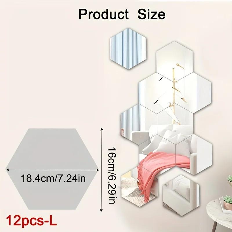 12Pcs Hexagon Acrylic Mirror 3D Wall Sticker Mirror Home Decoration DIY Removable Mirror for Living-Room Art Ornaments