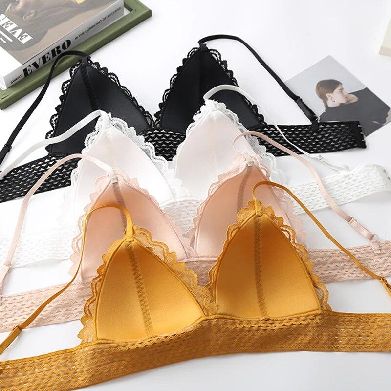 Французское кружево с треугольной чашкой, красивое нижнее белье сзади, женский тонкий топ с обернутой грудью, топ для студентов, бюстгальтер без стального кольца