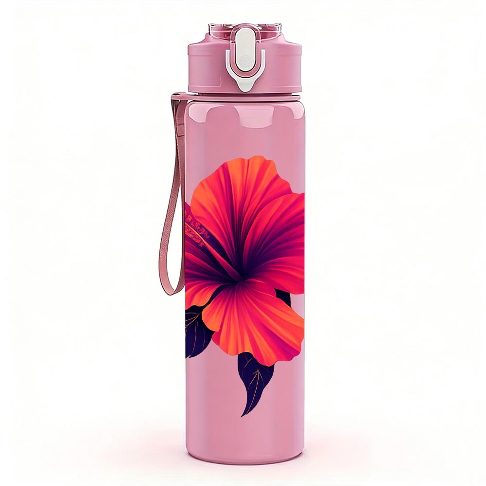 1PC Red Hibiscus Flower Illustration 750ml Color Plastic Sports Water Bottle Leakproof Flip Straw Lid Suitable for Sports Office Home Use