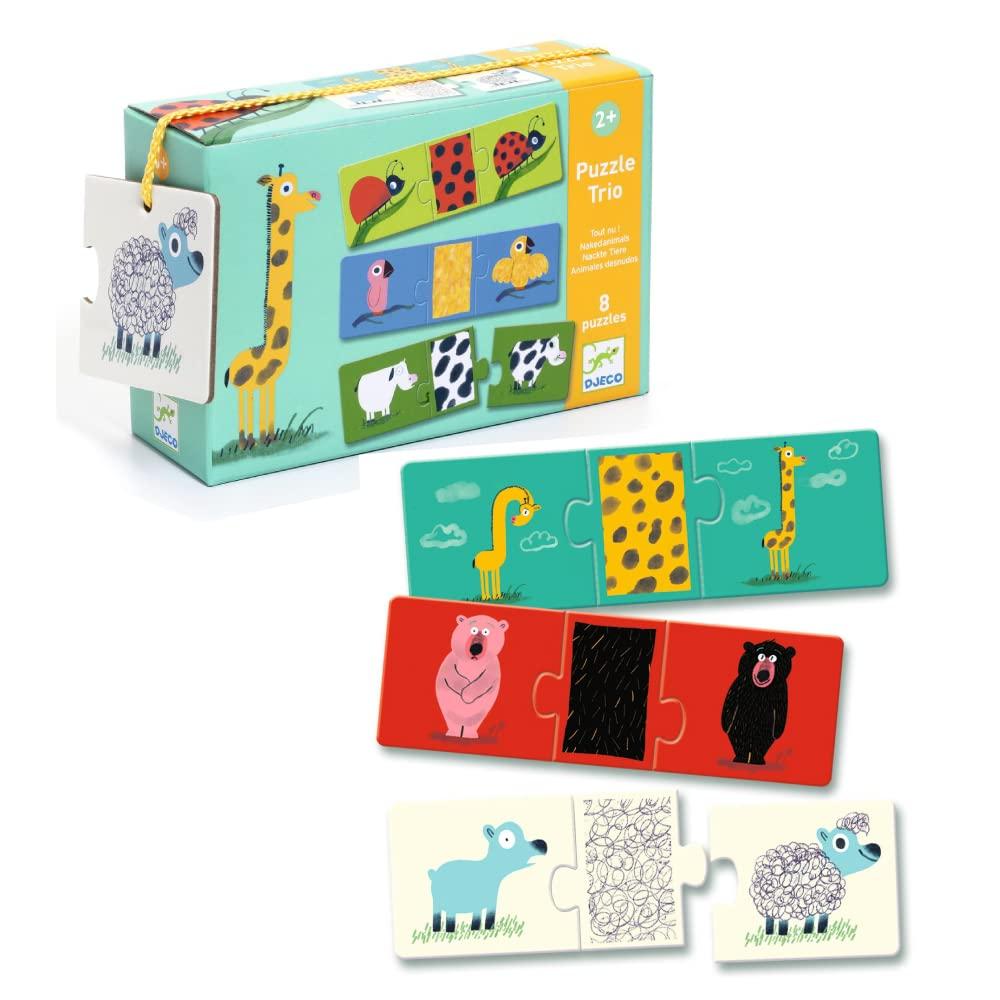 DJECO Puzzle Trio Naked Animal Jigsaw Puzzle Set, Large Educational Toy with Shape Matching and Picture Matching, Montessori Style, Ages 1, 2, and 3,