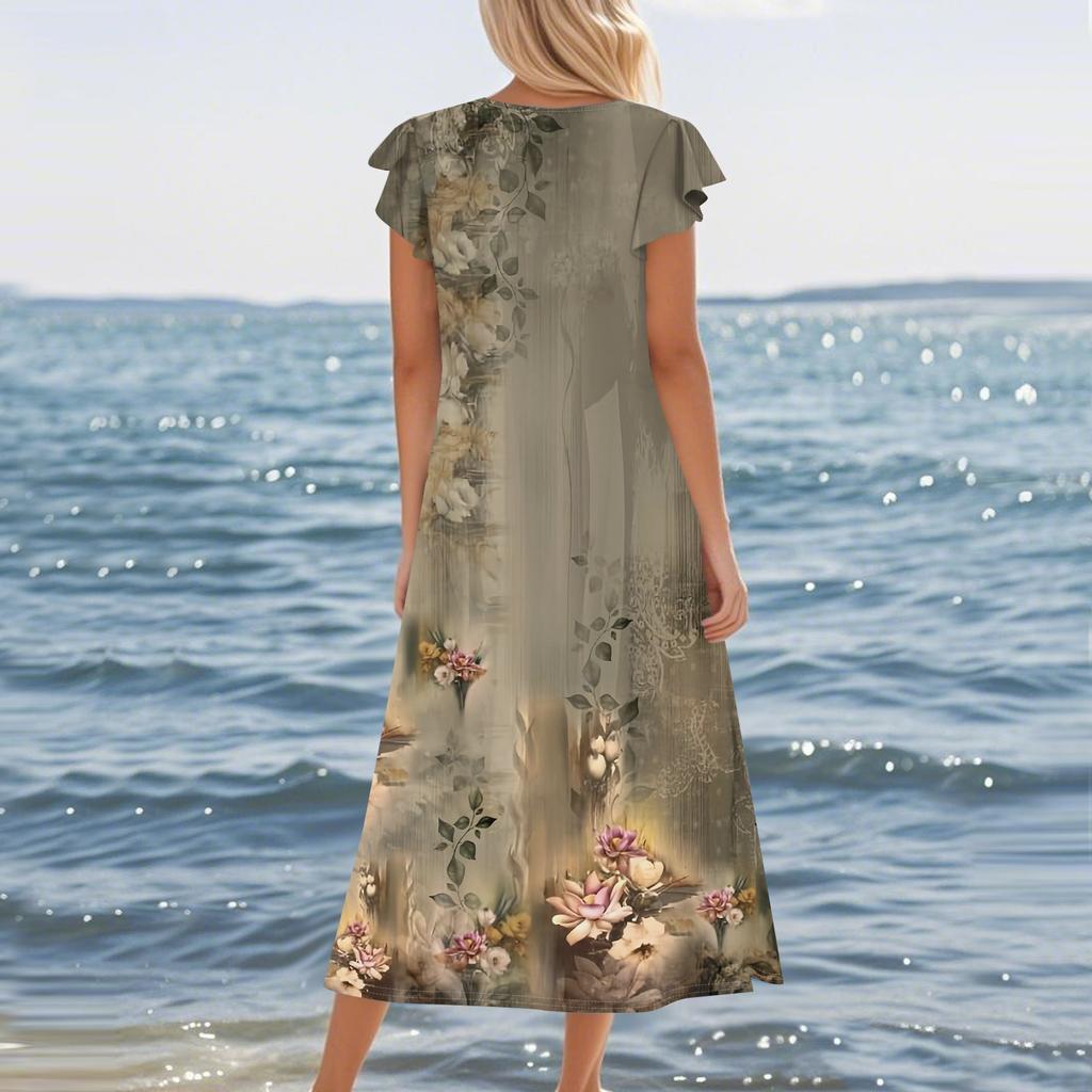 Женское модное летнее повседневное пляжное платье с плиссированными рукавами, свободным ретро-цветочным принтом, короткими рукавами, круглым завязкой и карманом