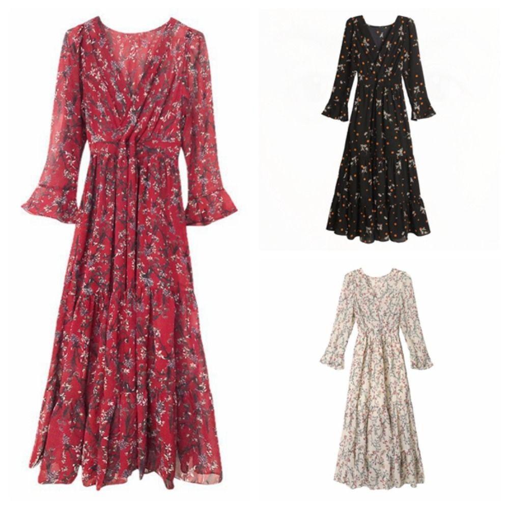 Платье с оборками и цветочным принтом, платье-рубашка с V-образным вырезом, платье из мягкого шифонового платья в стиле бохо для женщин