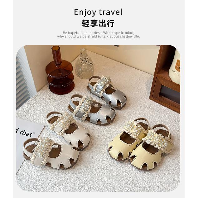 Girls' new summer princess shoes, Korean-style closed-toe sandals, soft-soled, non-slip, fashionable and versatile single shoes with pearls