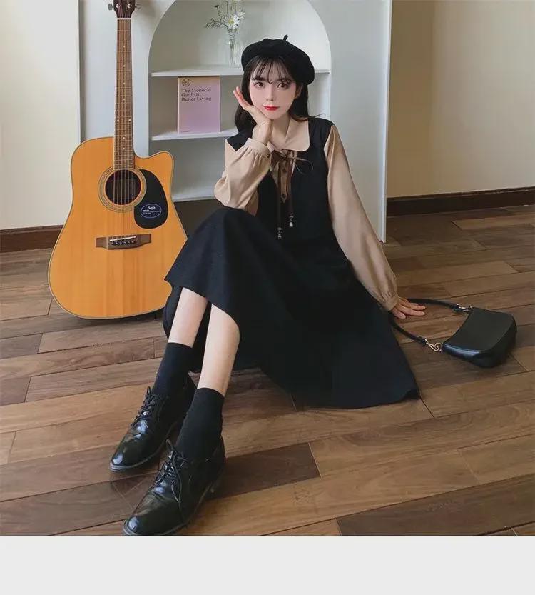 Платье большого размера с высокой талией, многослойное, из двух частей, с эффектом осеннего корейского стиля в колледже