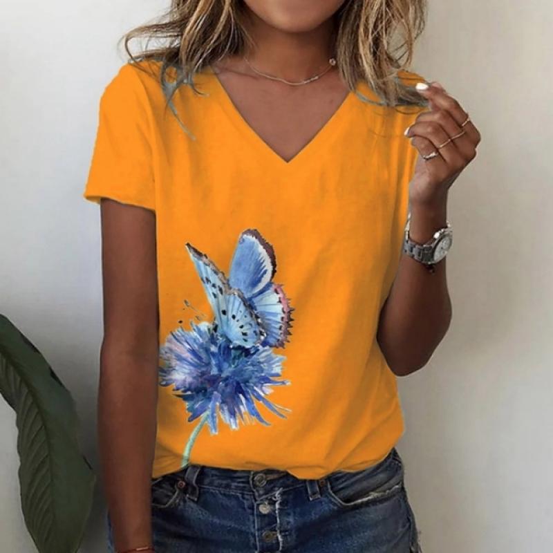Летняя футболка с v-образным вырезом, свободная удобная рубашка с принтом, простая модная уличная женская футболка, повседневные универсальные топы, одежда