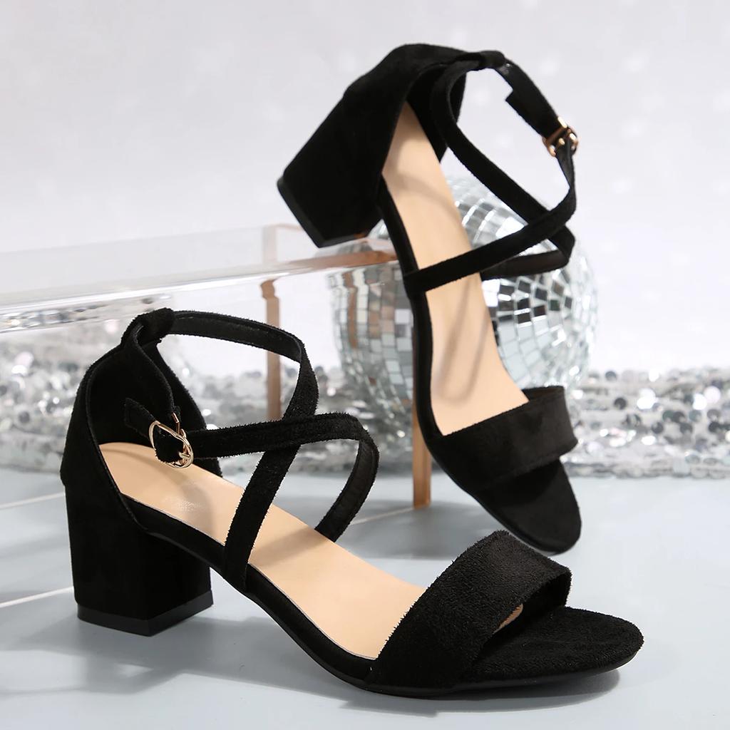 Black Woman Summer Open Toes Heel Shoes Thick Heels Sandals Square Head Minimalist Design Fashionable and Versatile Large Size