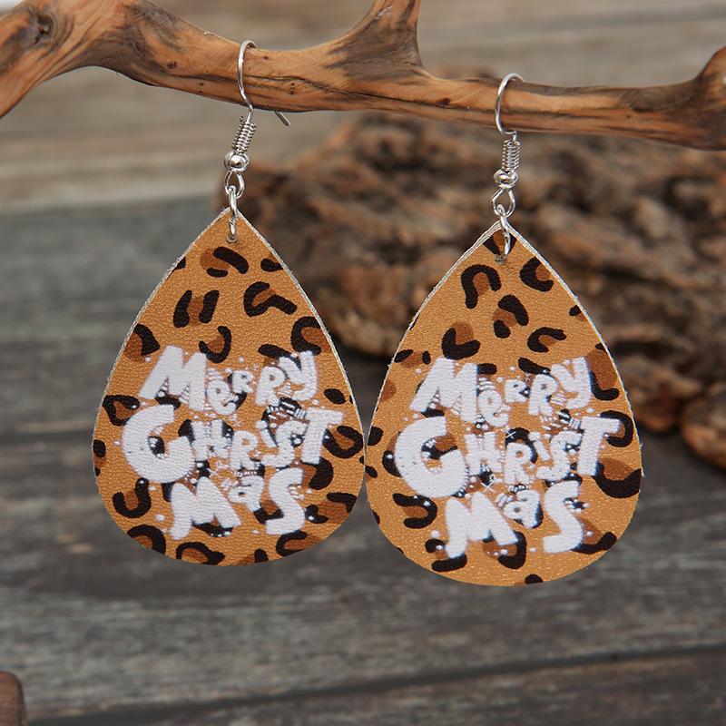 European & American Creative Christmas Tree PU Earrings with Double-Sided Leopard Print