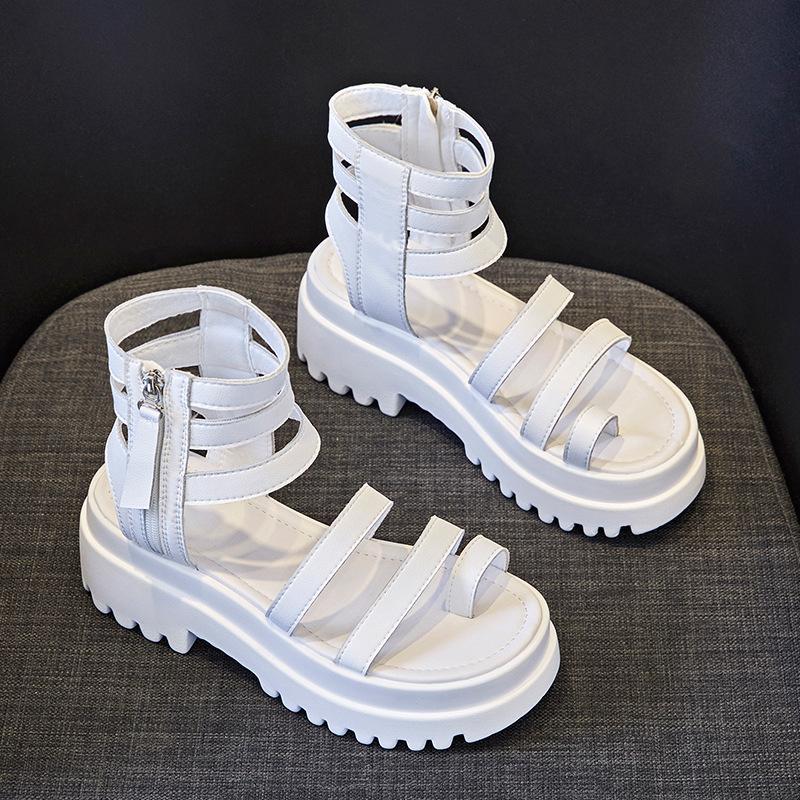 2024 лето новые толстые подошвы дышащие нескользящие боковые молнии показывают высоту римские туфли полые универсальные студенческие женские сандалии