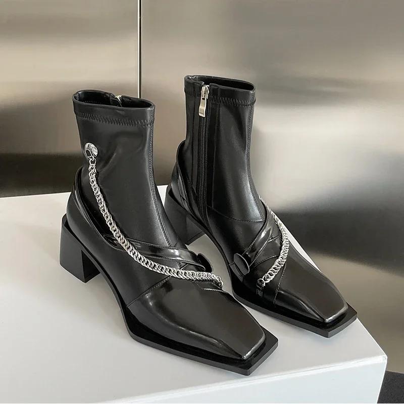 Designer Vintage Chelsea Boots Women Thick High Square Toe Zipper Autumn Winter Ladies Slim Short Booties