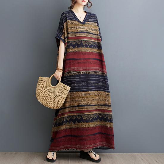 Хлопково-льняное платье макси большого размера для женщин, свободное, с V-образным вырезом и короткими рукавами