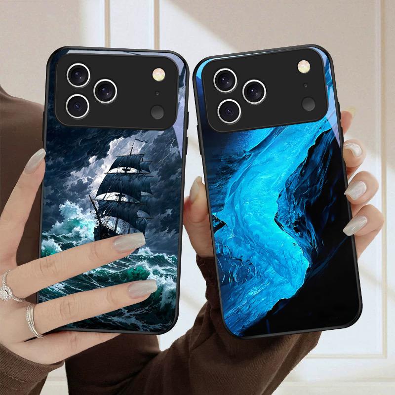 Морская буря маленький парусник Для iPhone 17 Pro Max 16 E 15 Plus 14 Pro 13 12mini 11 Air XS Max 5 6 7 8Plus SE Черный стеклянный чехол для телефона
