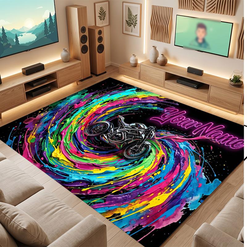Motorcycle Biker Theme Soft Crystal Velvet Rug Custom Name & Text Print Non Slip Floor Rug for Bedroom Living Room