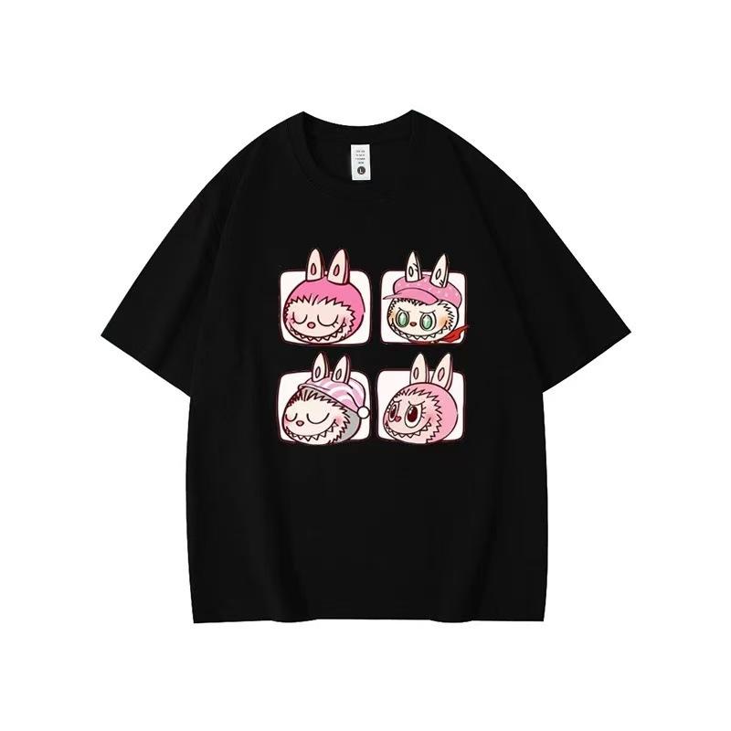 Летний топ с круглым вырезом и принтом с узором Лабубу, модная повседневная женская футболка с коротким рукавом из чистого хлопка