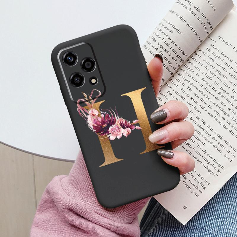 Золотой Чехол-Буквы Для Honor 200 Pro Lite Умный Черный Чехол Мягкая Крышка Для Honor 200Lite Защитный Ударопрочный Funda Розовый Цветок