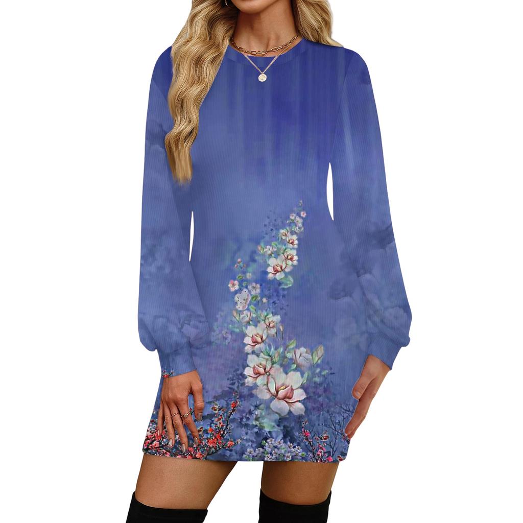 Женское модное повседневное платье с круглым вырезом и длинными рукавами