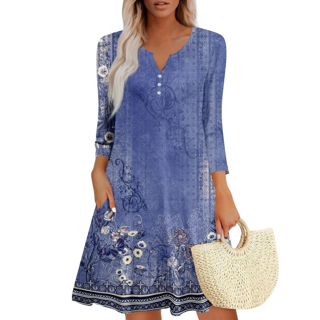 Женское летнее платье, свободное платье с V-образным вырезом, рукавом три четверти и карманами