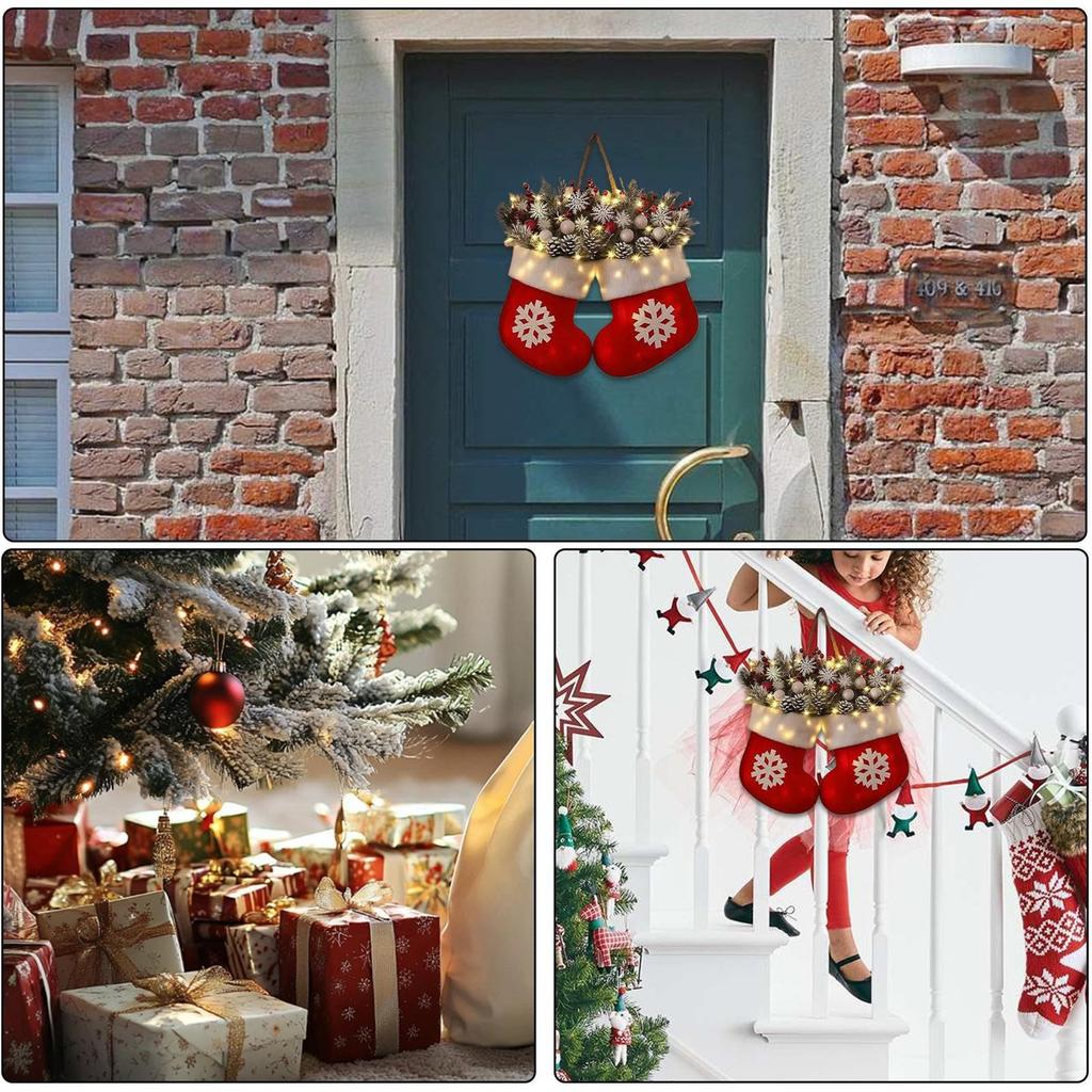 Twinkling Christmas Mitten Wreath, Christmas Lighted Werath Front Door Artificial Garland, Christmass Balls Hanging For Par