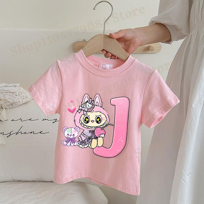 Labubu Kawaii T-shirts for Girls Anime Cartoon Cute Short Sleeved Shirt Children Summer Sweet Top Letter A-Z Printed T-shirt