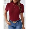 Весенне-летние однотонные полосатые вязаные топы с коротким рукавом, нишевый полувысокий воротник, облегающие женские футболки