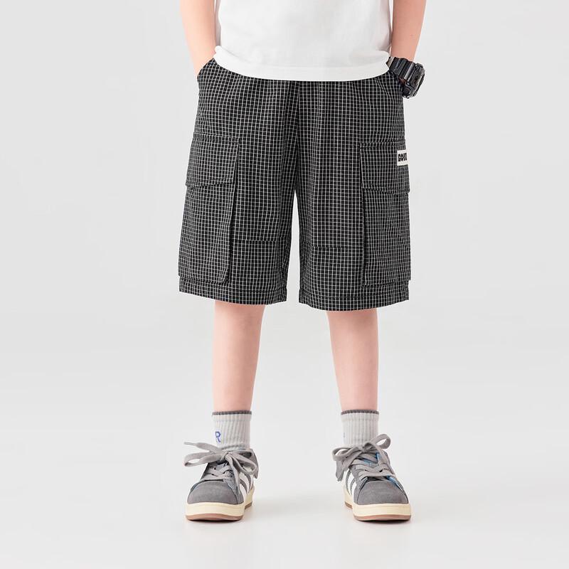 Boys' Loose Fit Black & White Plaid Cargo Shorts