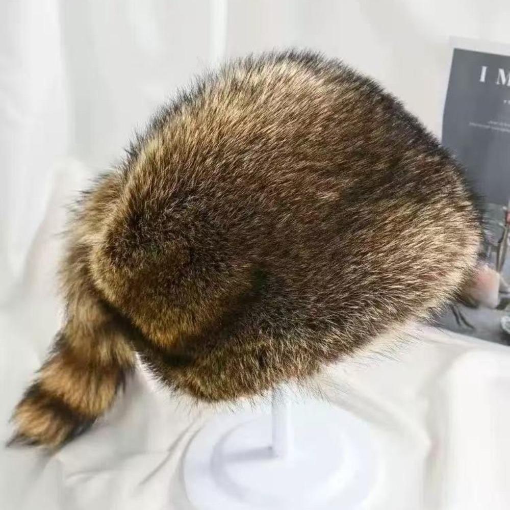 Raccoon Tail Faux Fur Hat Winter Warm Winter Cap High-quality Flat Top Cap