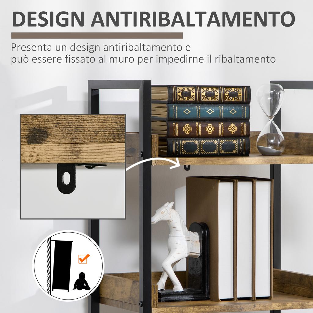 Industrial Style 5-Shelf Bookcase in Wood and Metal, 48x30x155cm, Rustic Brown