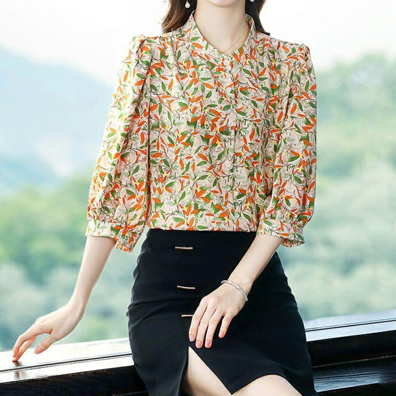 Шифоновая рубашка с рукавом 3/4 и цветочным принтом, женская мода, уменьшающая возраст, топ для мамы, воротник-стойка, блузка с принтом, M-4XL