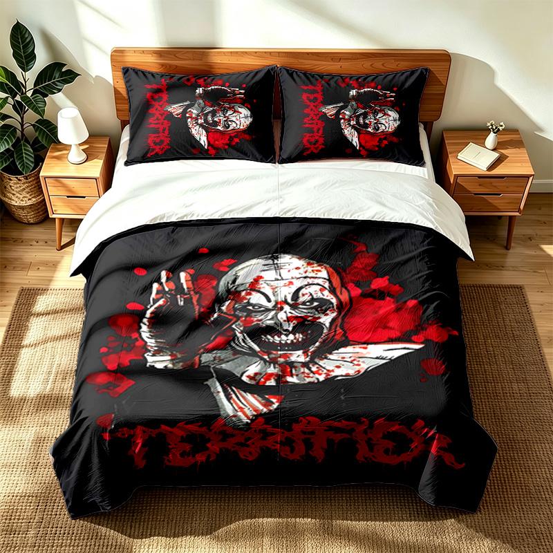 Terrifier (1) 3pc set suitable for master bedrooms soft and comfortable an ideal gift for family and friends Includes one duvet cover and two pillowca
