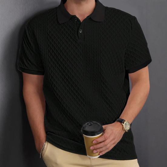 Мужские топы с лацканами, короткими рукавами, однотонная футболка с жаккардовым декором, однотонные топы из жаккардовой ткани