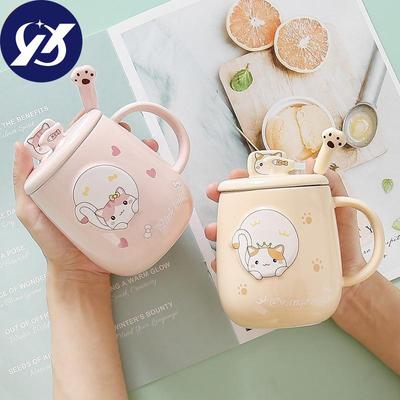 Креативная керамическая кружка для офиса с мультяшным котом и ложкой с крышкой