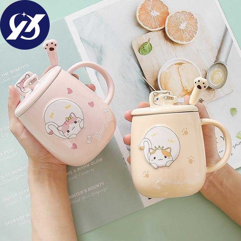 Креативная керамическая кружка для офиса с мультяшным котом и ложкой с крышкой