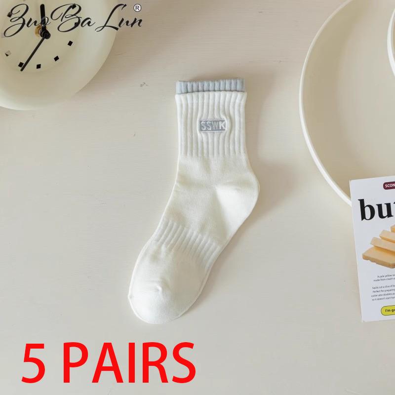 5 пар женских хлопковых носков средней длины, бесшовные, дышащие, однотонные, повседневные