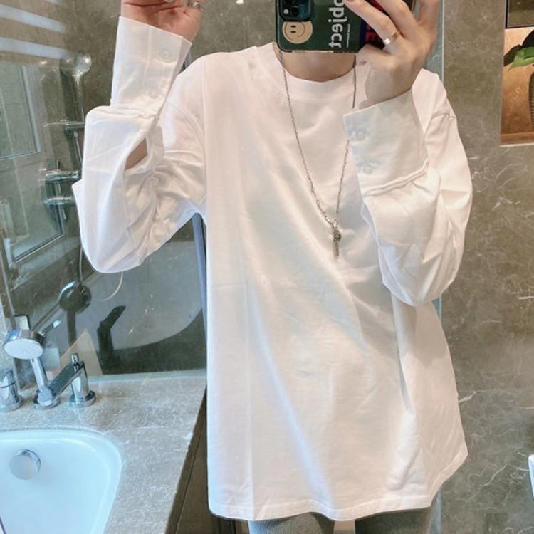 Весна и осень Новая белая футболка женская с длинными рукавами средней длины хлопковый топ базовая рубашка