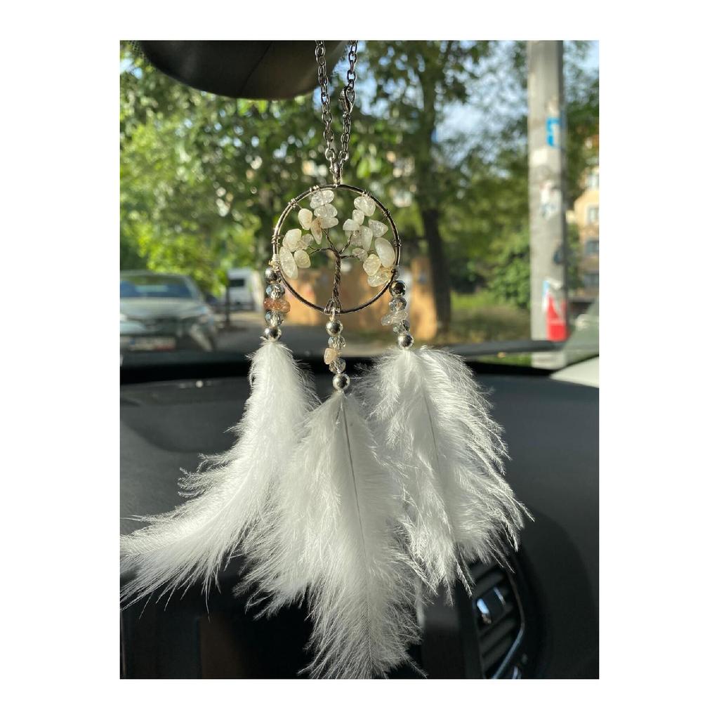 White Tree Of Life, Tree Of Life Natural Stone Feather Rear View Mirror Ornament Car Pendant