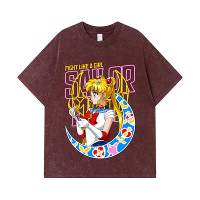 Стиранные футболки 275 г/м² 100% Хлопок Sailor Moon V8 Принт Минако Унисекс Тяжелая хлопковая футболка