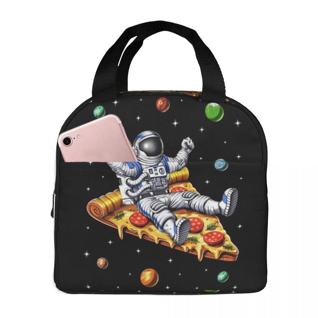 Astronaut With Pizza In Space Cartoon Insulated Lunch Bag for Women Kids Leakproof Food Boxes Thermal Lunch Box Tote