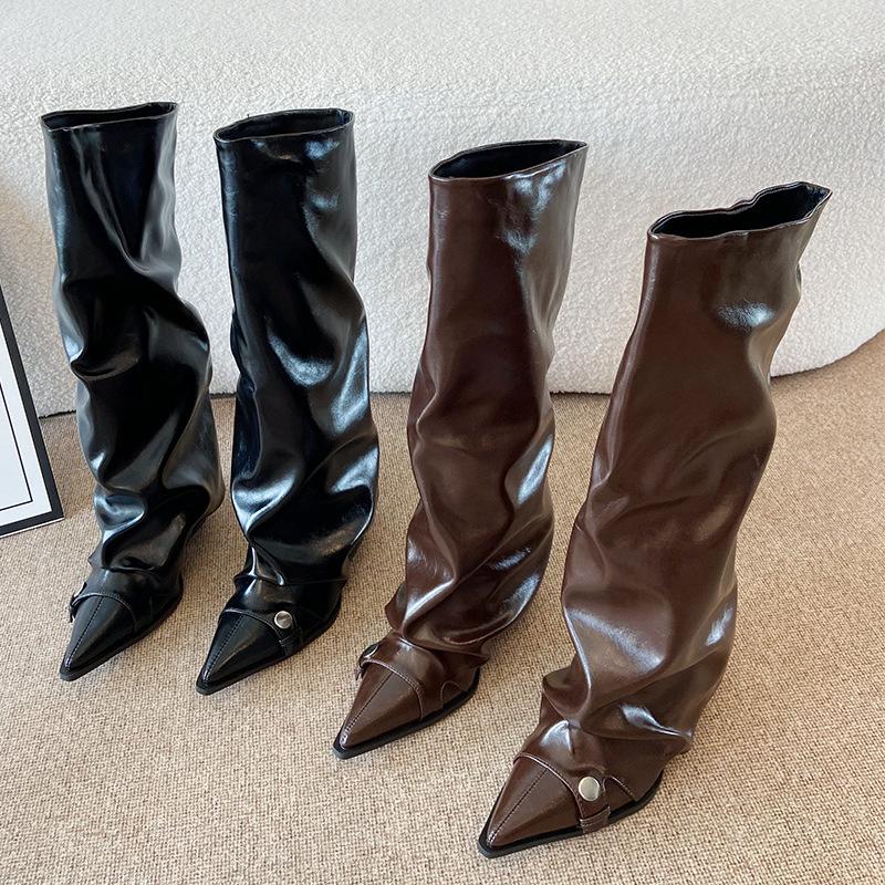 F7868-1 ботильоны с толстым каблуком, ботильоны с острым носком, длинные сапоги, женские 2025 осень и зима новая модель, сапоги с голенищем, длинные сапоги-рыцари